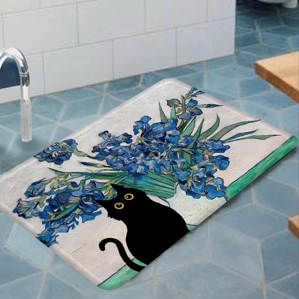 Van Gogh Black Cat Door Mat Cheaper Anti-slip Modern Living Room Balcony Printed Bedside Mats