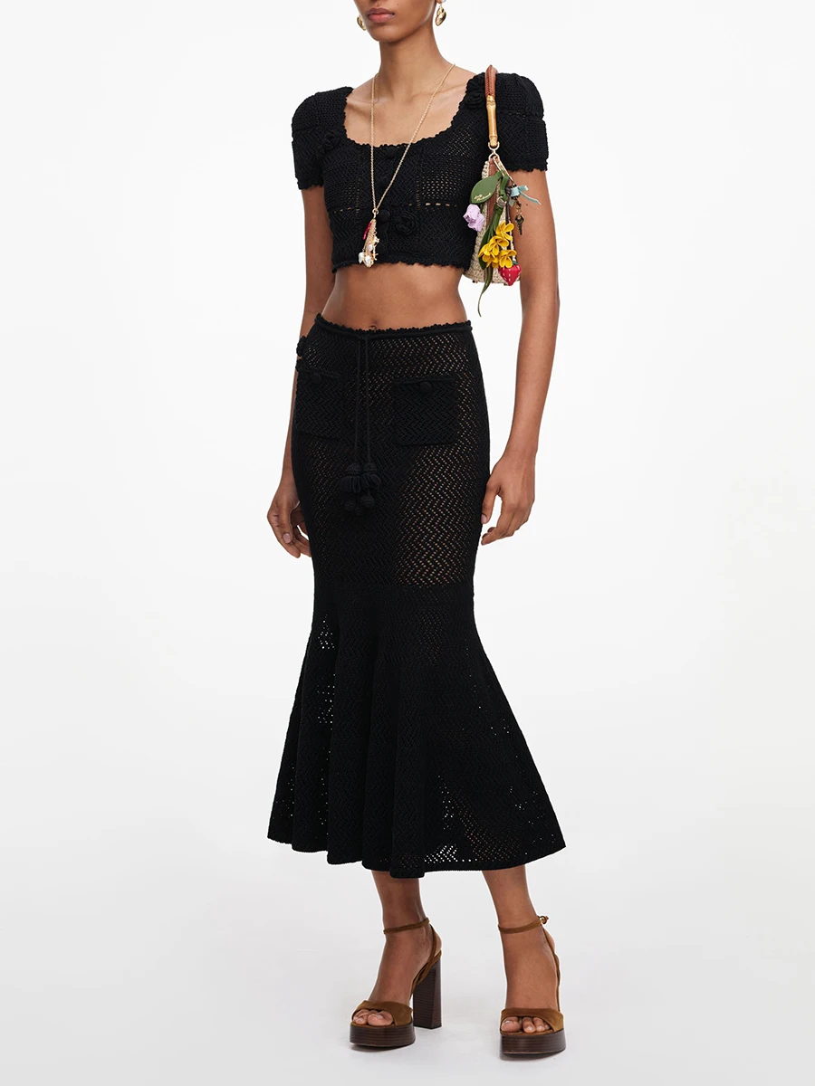 VGH Black 3D Floral Hollow Knit Two Piece Set for Women Square Collar Short Sleeve Crop Top Mermaid Mid Skirt for Beach Vacation