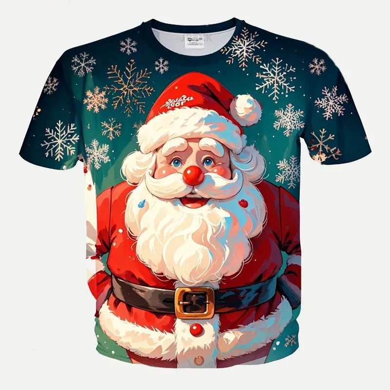 

Fashion T-shirt For Men Christmas Style Short Sleeve Funny Santa Claus Big Head Pattern Print Tops Family Party Tee Women's Tees