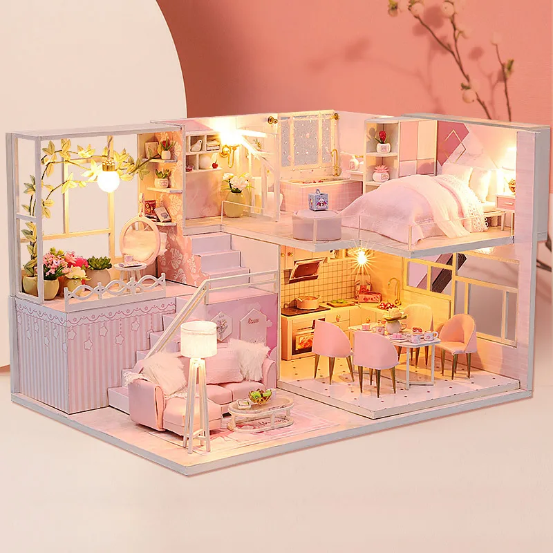 Case per bambole in legno fai-da-te kit da costruzione in miniatura principessa Casa con mobili Casa delle bambole a Led per regali di compleanno per ragazze