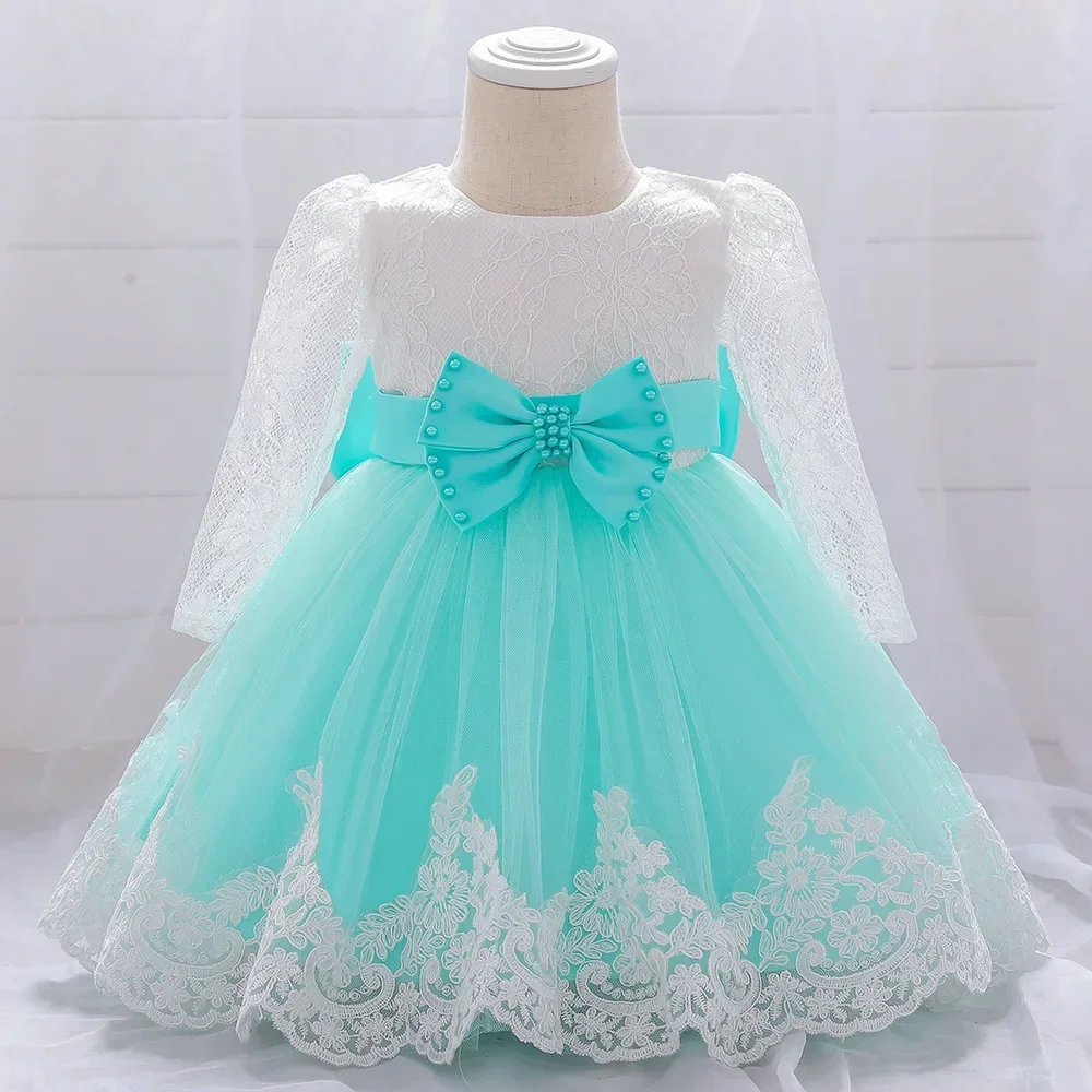 Newborn Long Sleeve Baby Girl Dresses Party Wedding Girl Lace Big Bow Dresses Infant Girl 1st Birthday Princess Baptism Dress