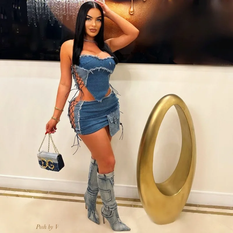 

Women Sexy Hollow Out Lace Up Tassel Denim 2 Piece Set Strapless Sleeveless Zipper Crop Top Patchwork Mini Skirt Y2k Streetwear