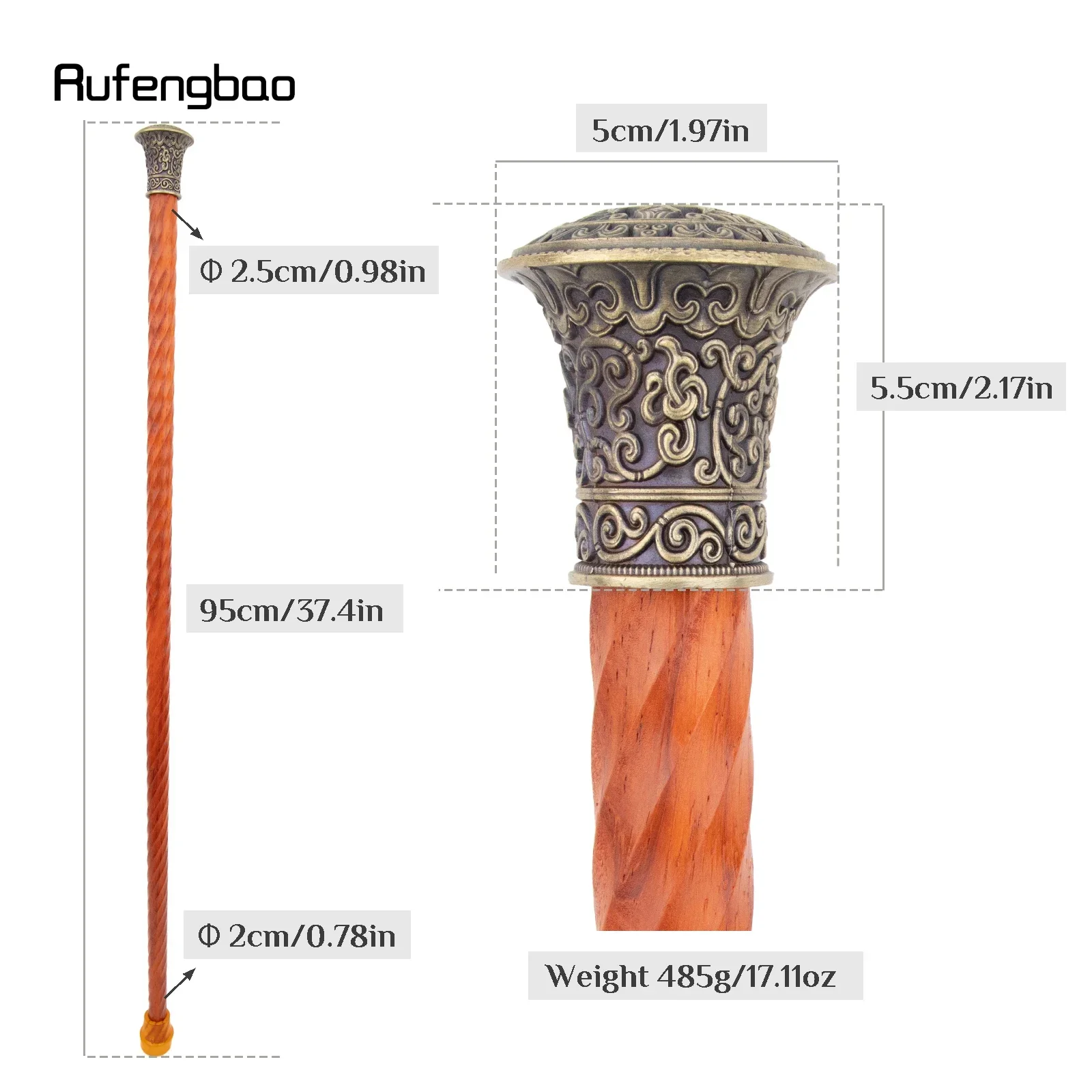 Copper Orange Round Wooden Traditional Fashion Stick Decorative Cospaly Party Wood Walking Cane Halloween Mace Wand Crosier 95cm