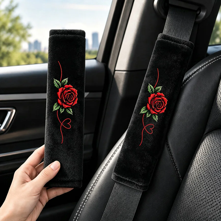 2pcs car seat belt cover, crystal velvet rose heart-shaped shoulder protector, soft and comfortable, car interior accessories