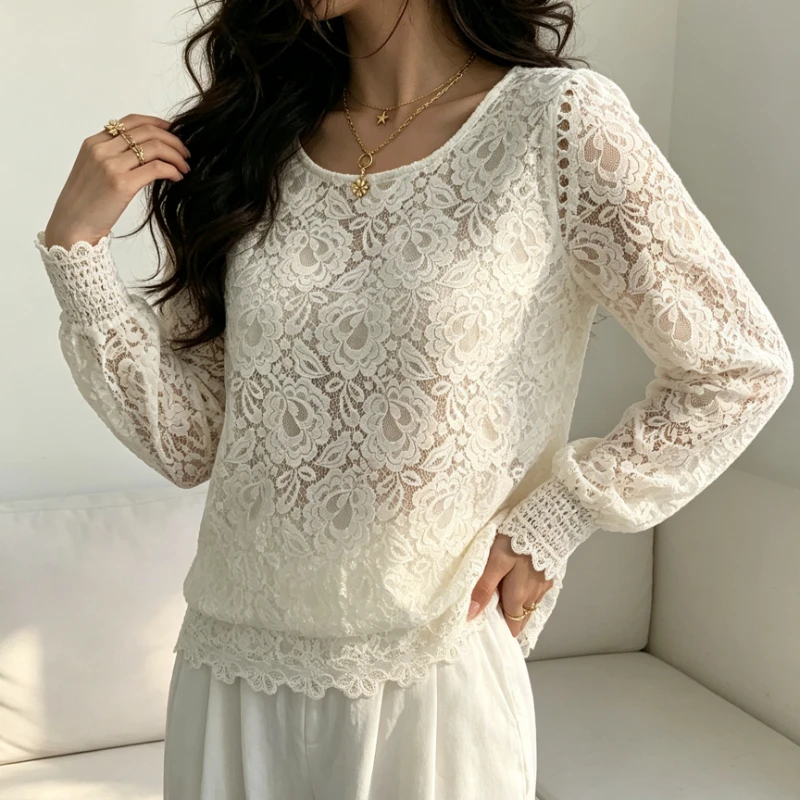 New Chic Spring Women Round Neck Floral Lace Long Sleeve Blouse, Lantern Sleeve Scalloped Cuff & Hem, Loose Elegant Commuter Top