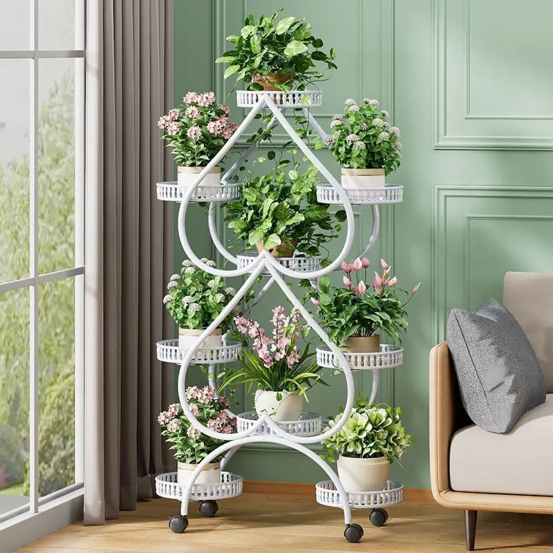 

Iron Art Multilayer Belt Wheel Plant Stand Floor Type Flower Pot Frame Living Room Balcony Heartshaped Shelf for Flowers