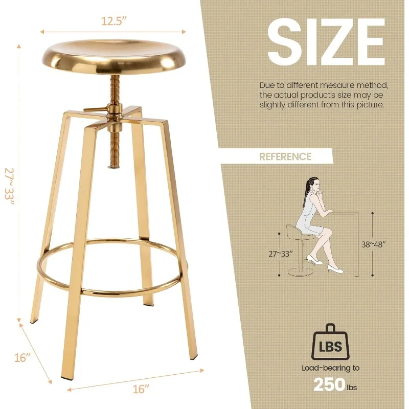 Atlas Industriële Barkrukken Set Van 2, Verstelbare Draaibare Ronde Metalen Barkrukken Met Vier Poten, Rugloze Tooghoogte Barstoelen