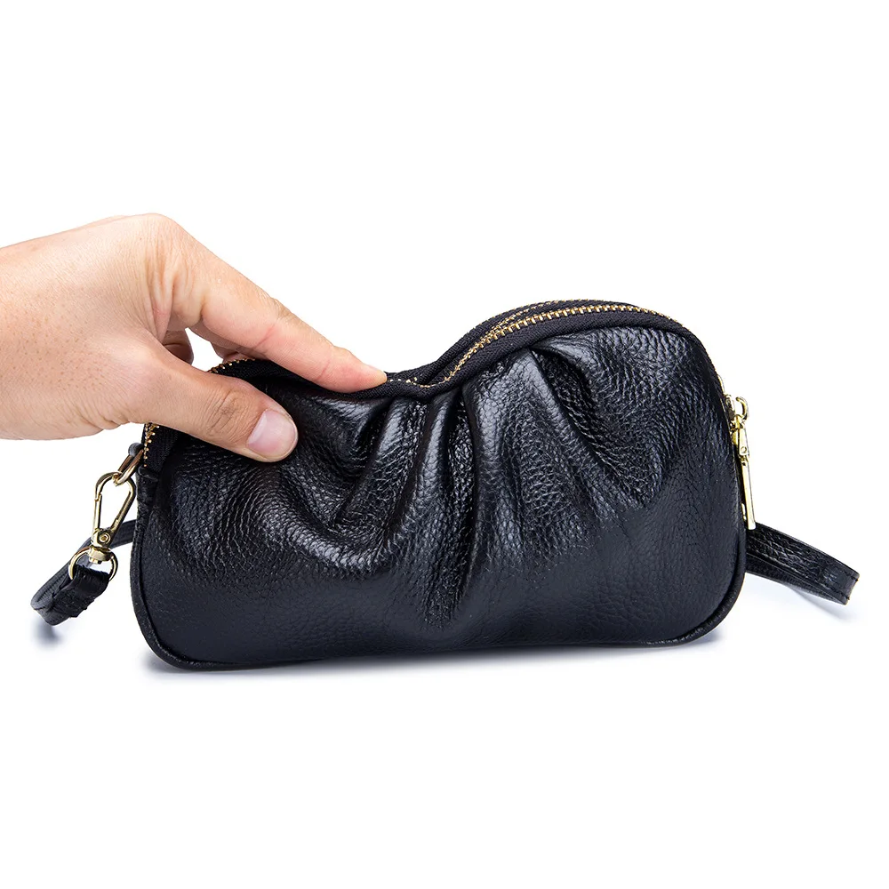 Luxury Genuine Leather Women's Bag Solid Colour Shoulder Bag Large Capacity 3 Zipper Crossbody Bags Cowhide Portable Phone Bag image 3