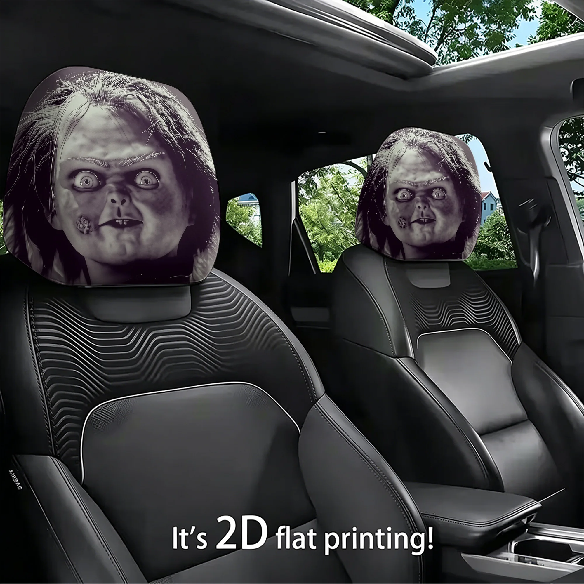 2pcs Car Headrest Covers Featuring a Creepy doll Design, Adding a Touch of Eerie Atmosphere to Your Car’s Interior. Filling Not
