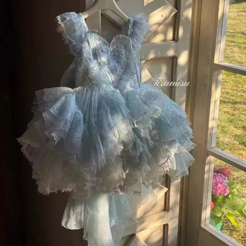 Original Girl Lolita Princess Dress Children's Blue Snow Birthday Wedding Party Dress High-end Custom Girls' Boutique Dress