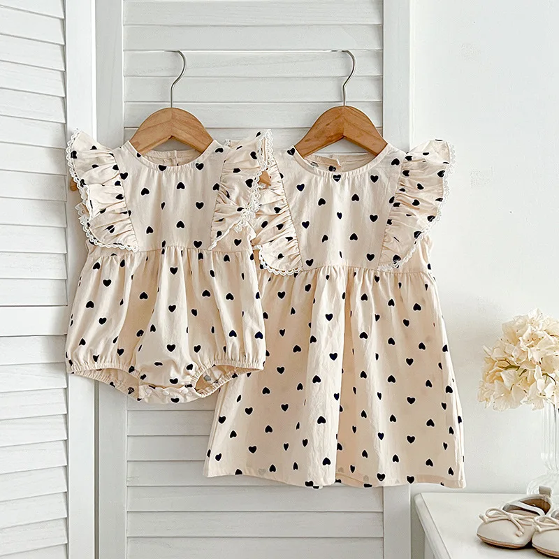 Roupas de irmã verão meninas coração impressão vestido criança o-pescoço uma linha vestidos bebê manga voadora bodysuit roupas infantis do bebê