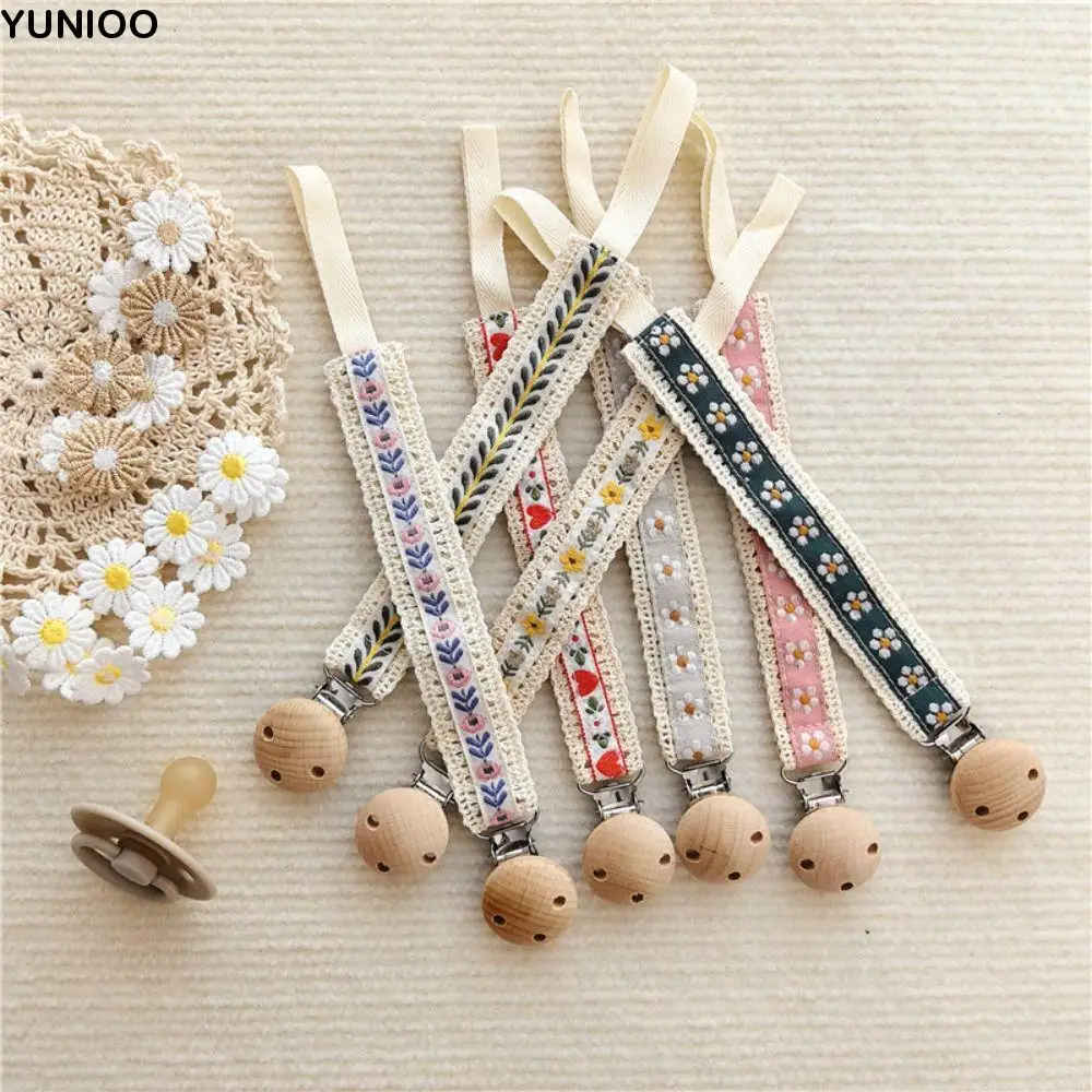 

Ethnic Style Baby Cloth Pacifier Chain Floral Wooden Clip Soother Holder Teether Toys Straps Adjustable Nipple Holder Clips