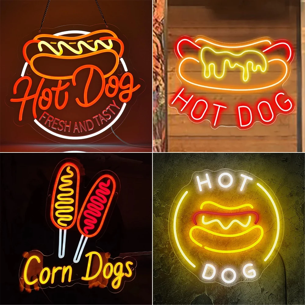 Hot Dog Neon Led Sign Wall Decor Fast Food Shop Room Decoration Dimmable Hanging Up Sign For Restaurant Living Room Art Sign