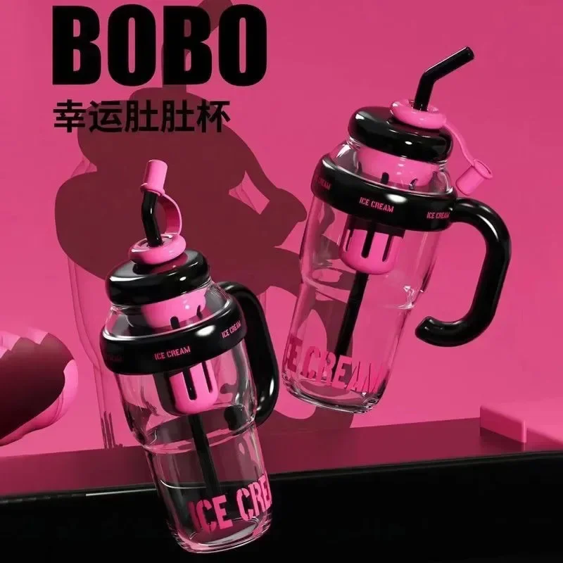 HOT Good-looking Summer Plastic Cup Milky Tea Cup Lucky Belly Cup Cute Wind Belt Straw Water Bottle