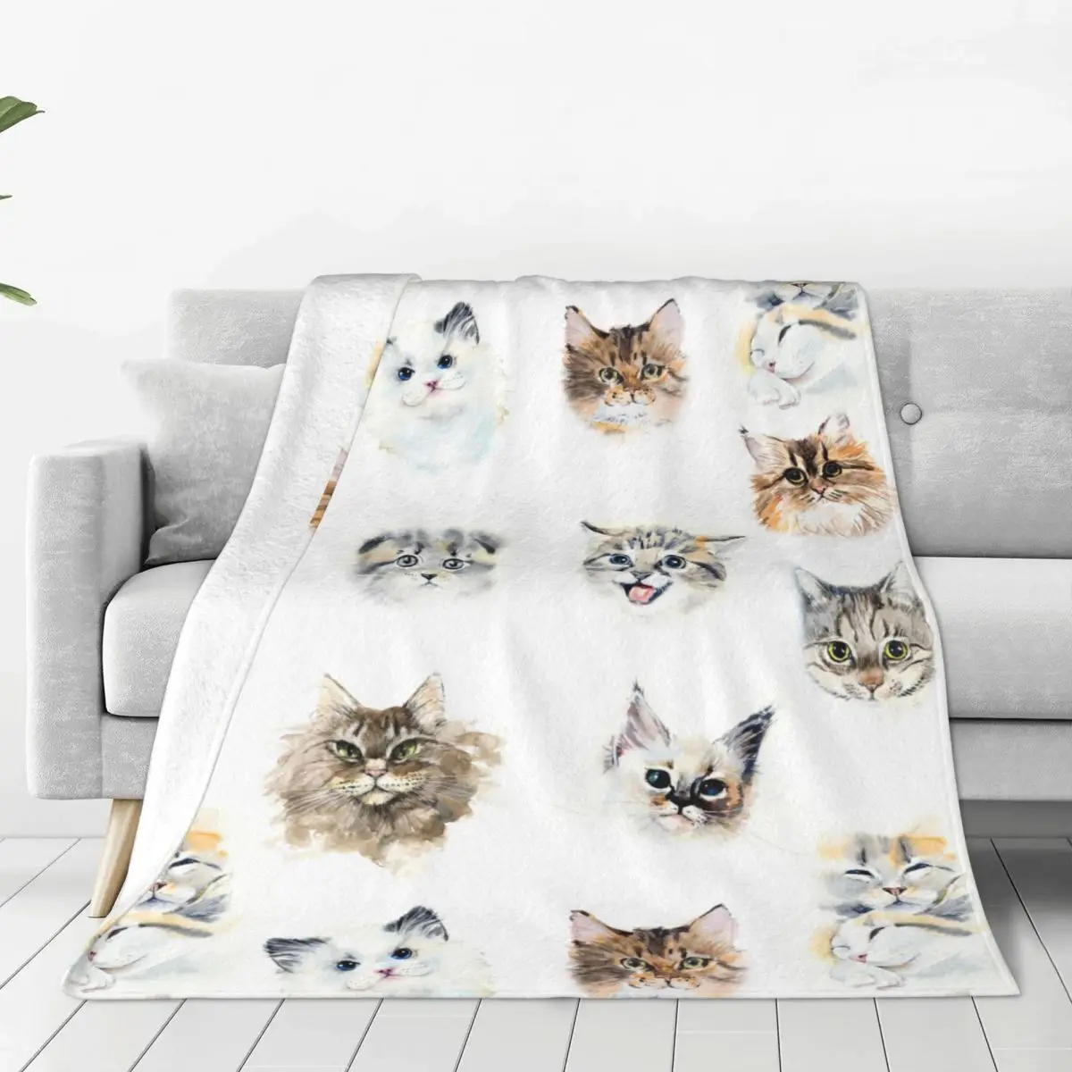 

Cute Cat Blankets Flannel Winter Kitten Face Watercolor Breathable Lightweight Throw Blanket for Bed Car Rug Piece