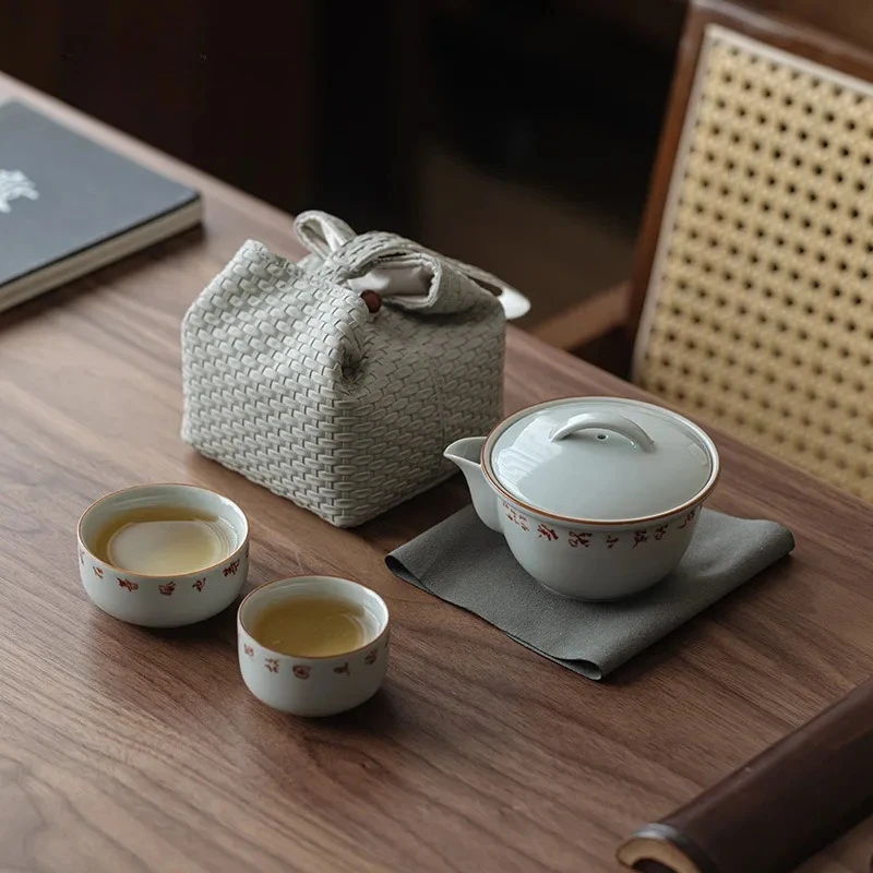 

Chinese Ceramic Travel Tea Set Antique Hand Painted Porcelain Portable 1 Pot 2 Cups Outdoor Handle Teapot Camping Kungfu Teacup