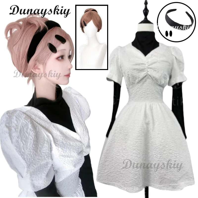 Komatsu Nana-Juego de pelucas de disfraz de Anime para mujer, vestido blanco de cintura con mangas abullonadas, traje de Halloween con detalles de uniforme