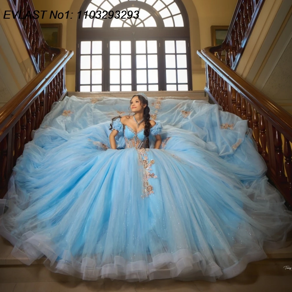 

EVLAST Customized 2026 Sky Blue Quinceanera Dress Ball Gown Shiny Applique Beading Corset Sweet 16 Vestidos De 15 Anos AQ352