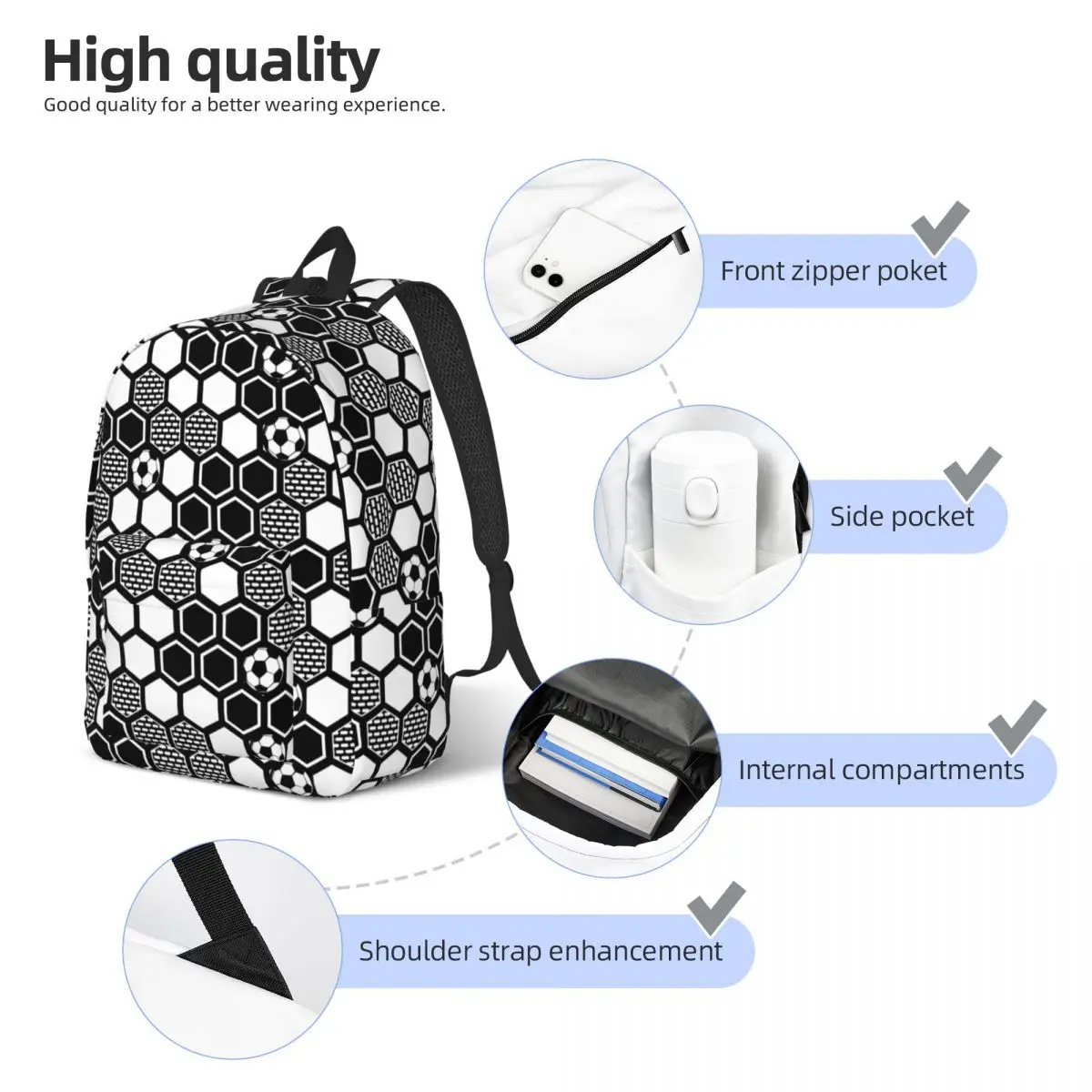 Mochila leve para homens e mulheres, bolsa de ombro universitária, futebol, padrão de bola, futebol, ensino médio, caminhadas, viagem, mochila