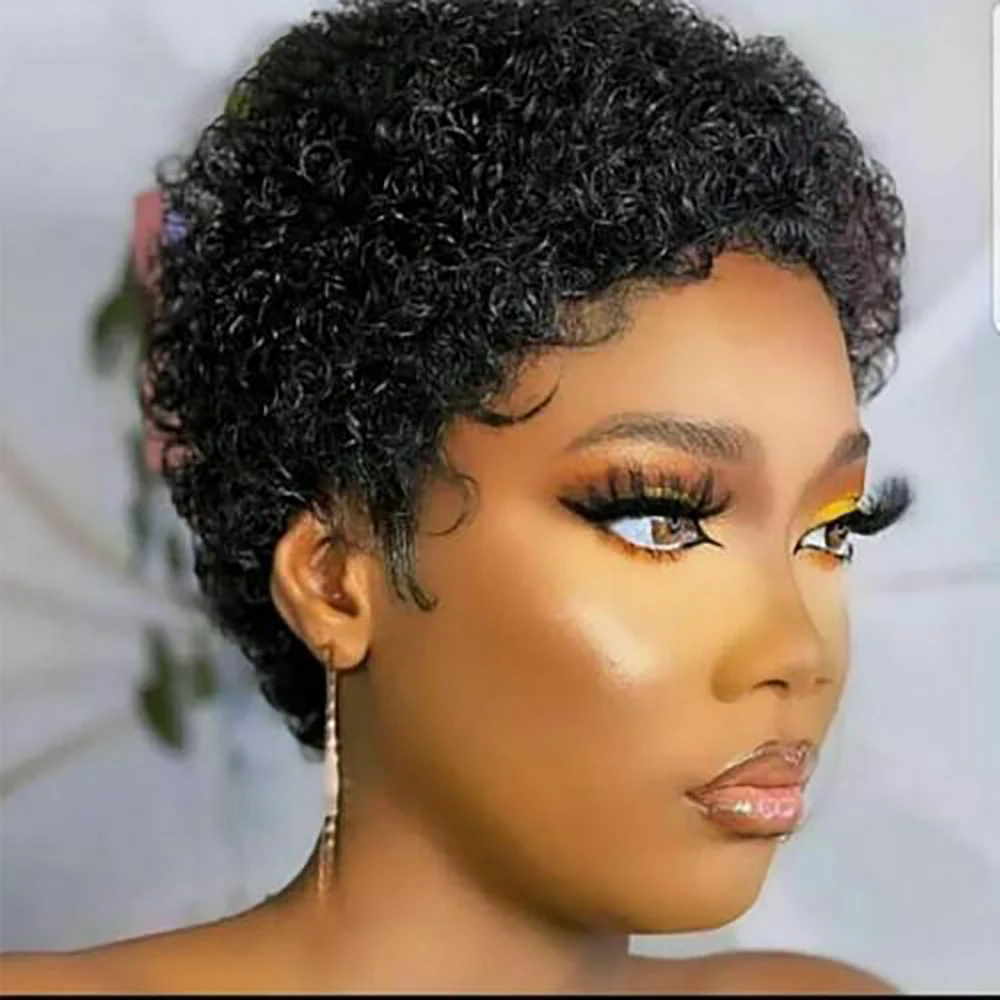 

Glueless Short African curly Pixie Cut Wig Natural Curly Wigs Malaysian Human Hair Wigs Machine Made Human Hair short Mini Wig