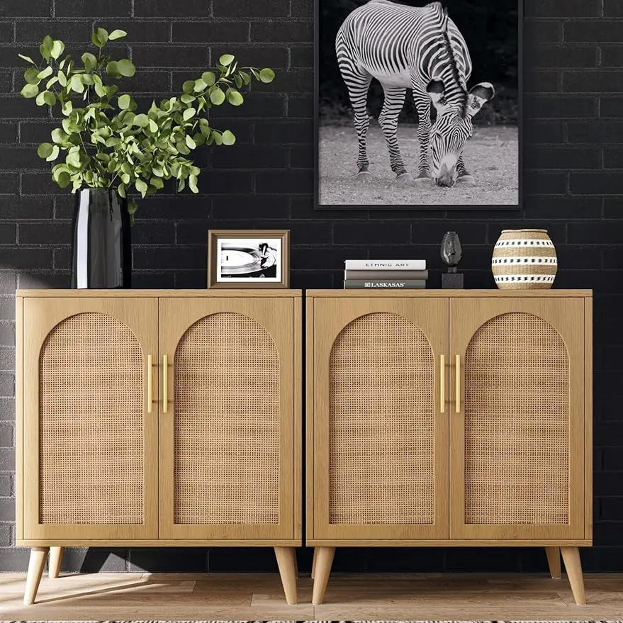 

Rattan Storage Cabinet with Doors, Accent Bathroom Floor Cabinet, Modern Sideboard Buffet Cabinet for Living Room, Dining Room