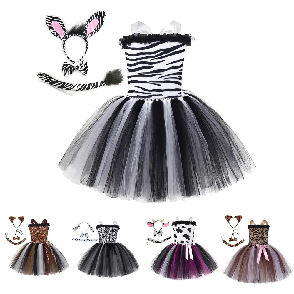 

Girls Halloween Animal Cosplay Costumes Children Zoo Party Zebra Leopard Dog Cow Tutu Dresses for Kids Performance Dancing Sling