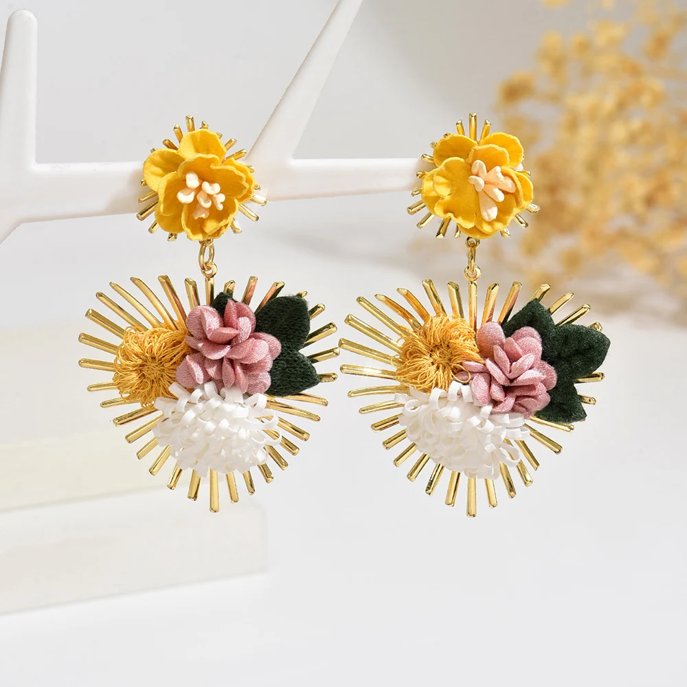 Bohemian-style vacation-inspired colorful handmade fabric flower earrings, perfect for women to wear on any occasion—whether it’