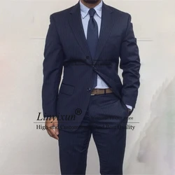 Fashion Navy Blue Stripe Mens Suit Formal Business Blazer Slim Fit Wedding Groom Tuxedo 2 Piece Set Terno Masculino Jacket Pants