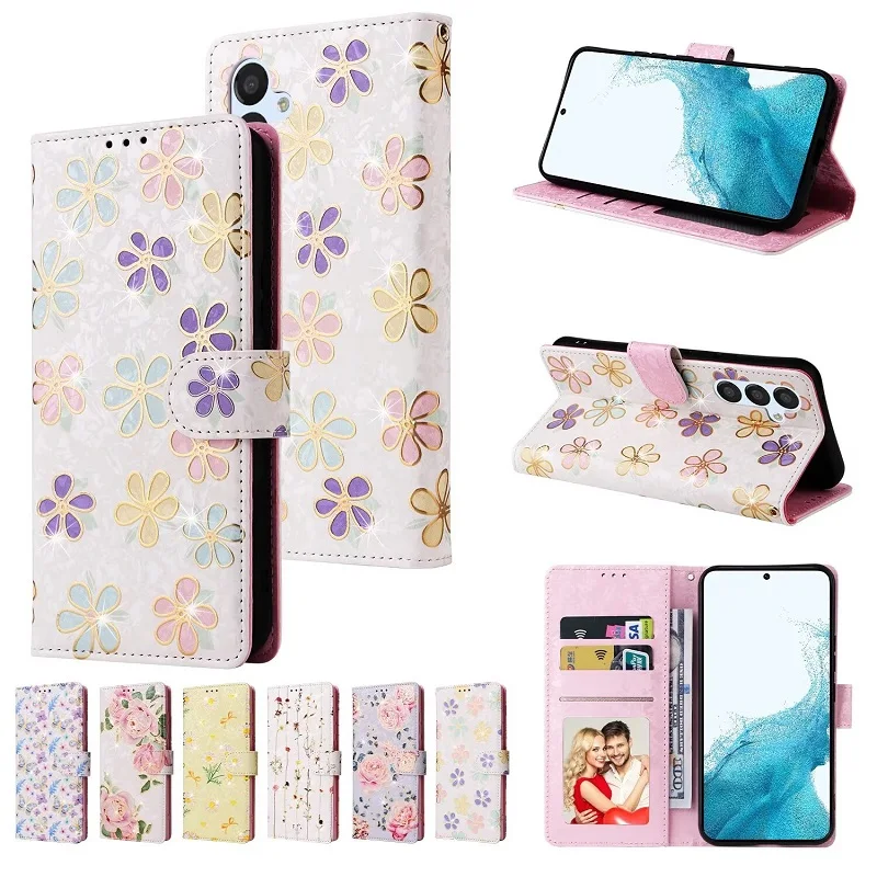 

Magnetic Flip Printed Flower Phone Cover For Samsung Galaxy S24 Ultra S23 S22 S21 S20 S10 S9+ A15 A25 A35 A45 With Lanyard