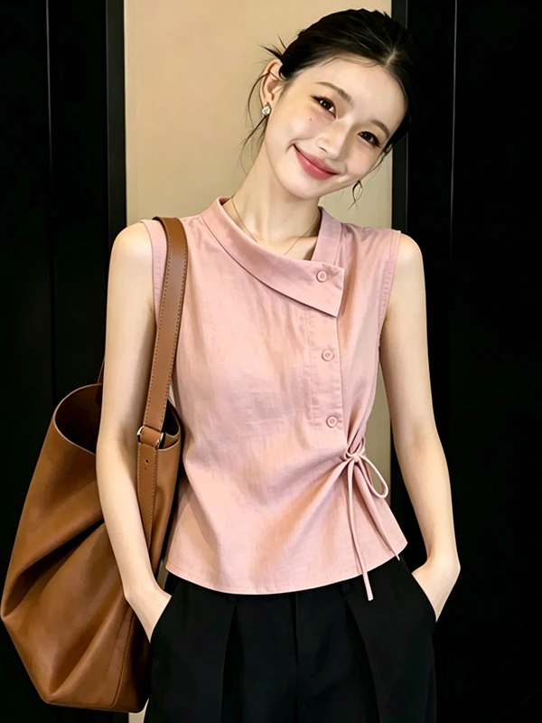 Elegant Asymmetric Collar Sleeveless Vest Shirt Women Summer Design Waist-Cinching Belt Beautiful Top French Style Blouse