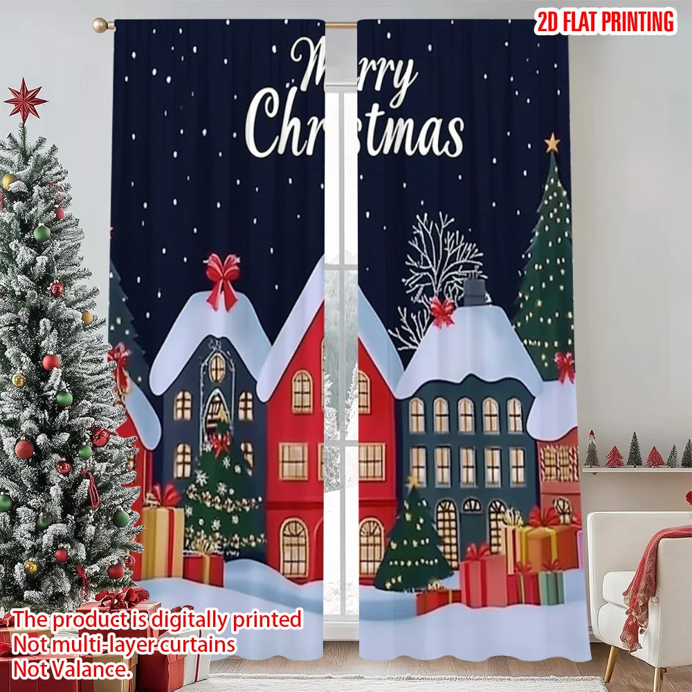 

2pcs 2D flat printing Merry Christmas Popular Party Window Curtains Christmas countryside Machine Washable Polyester Without