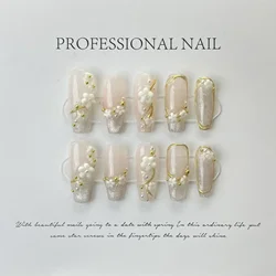 10pcs Detachable Coffin False Nails Gypsum Angel Rose Heart Press on Nails Camellia Flower Pearl Nails Gradient Ballet Nail Art
