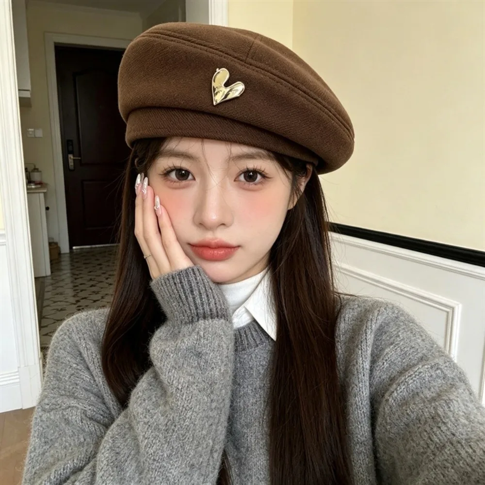 Soft Vintage Beret Hat Heart Decor Classic Color Newsboy Octagonal Hat Thermal Texture Lightweight Retro Painter Bonnet