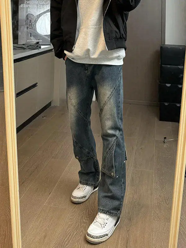 

High Waist Straight Leg Micro Flared Jeans American High Street Retro Blue Deconstructed Design Youth Trend Cotton Blend Jeans