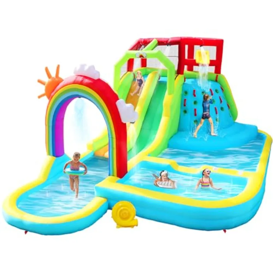 Inflatable Water Double Slides Park for Outdoor Use PVC Material Rainbow Color Includes Blower Shooting Game Rock Climbing and