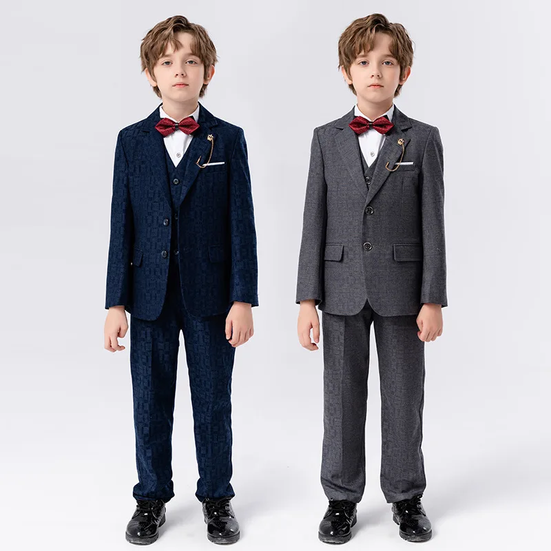 

Child Formal Plaid Dress 5pcs Suit Boys Wedding Piano Host Performance Photography Costume Kids Blazer Vest Pans Bowtie Outfit