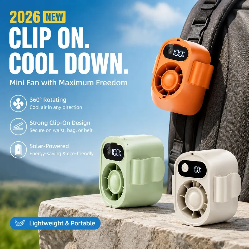 2026 New Solar Umbrella Cooling Car Backpack Mini Fan 360° Rotating Waist Clip Multifunctional Clip-On Fan