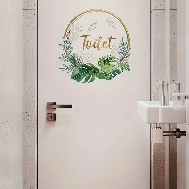 

Green Plant Toilet Sign Door Decal， Self-Adhesive Removable, Reusable Vinyl Stickers for Bathroom Door