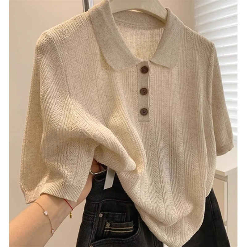 

Women Knitted Polo Shirts Tops Solid Tees Button Short Sleeves Turn Down Collar Slight Strech Slim Fit Casual Office 2026 Summer