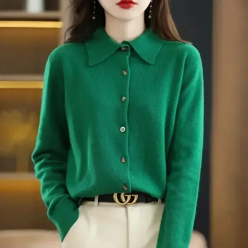 Spring And Autumn POLO Collar Sweater Knitted Shirt With Loose Long-Sleeved Non-Cashmere Cardigan Temperament Lapel Jacket