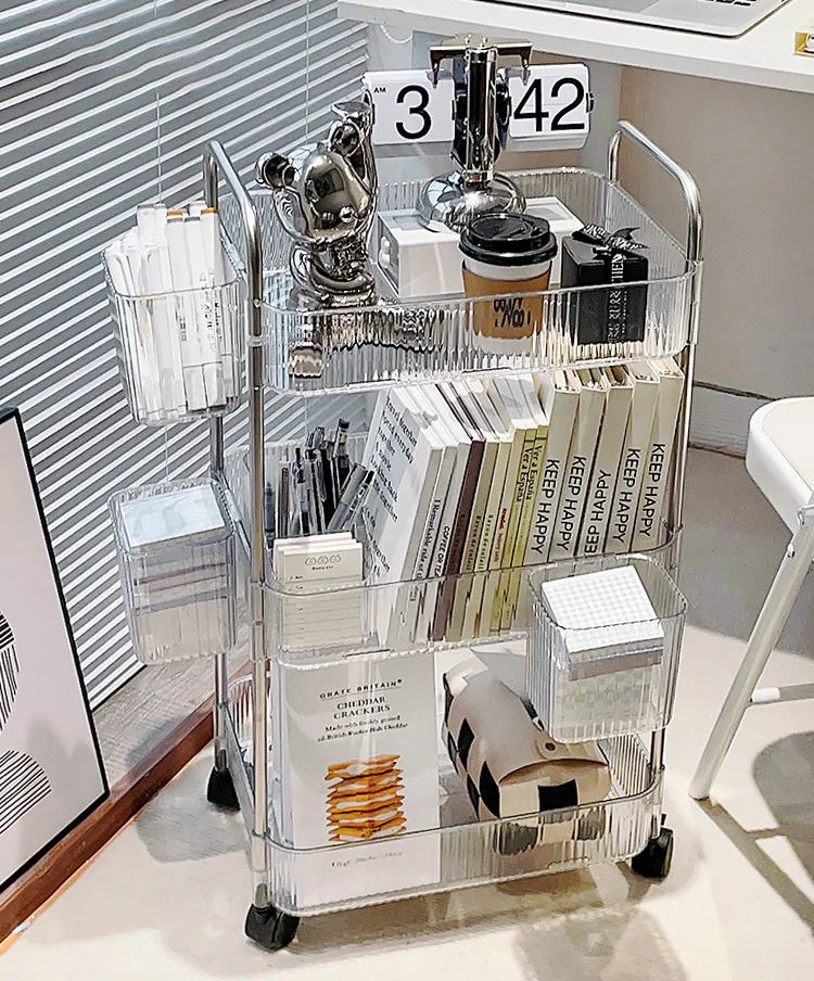 Transparent Mobile Storage Rack Trolley 4 Layer Acrylic Rolling Cart with Removable Hanging Basket Acrylic Snack MakeupBookshelf