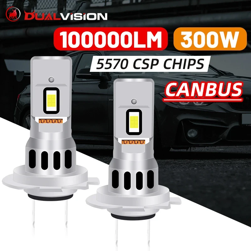 Dualvision H7 LED Canbus 300W Power Car Headlight Bulb 5570 CSP Chip 6000K Mini Diode 1: 1 Size Turbo Fan 2PCS Auto Lamp 12V 24V