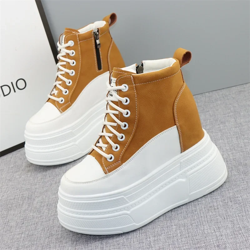 14cm New Genuine Leather Platform Heel Wedge Shoes Sneakers Ankle Mid Calf Boots Platform Boots Women Well-fitting Shoes