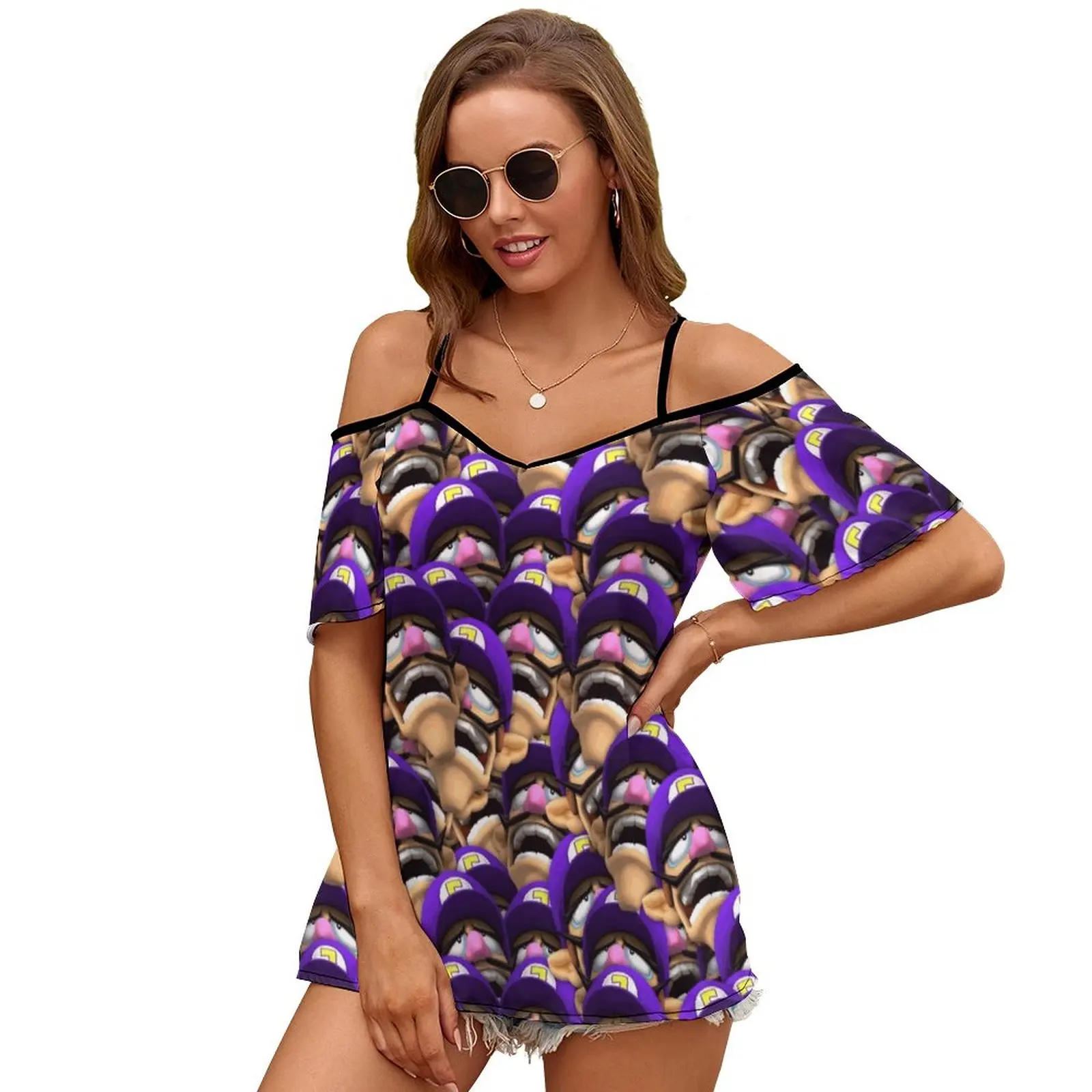 Waluigi 2050 Women Print T Shirt Casual Off Shoulder Loose Pullover Tops Fashion Clothes Waluigi Funny Jesus What Am I Meme Why