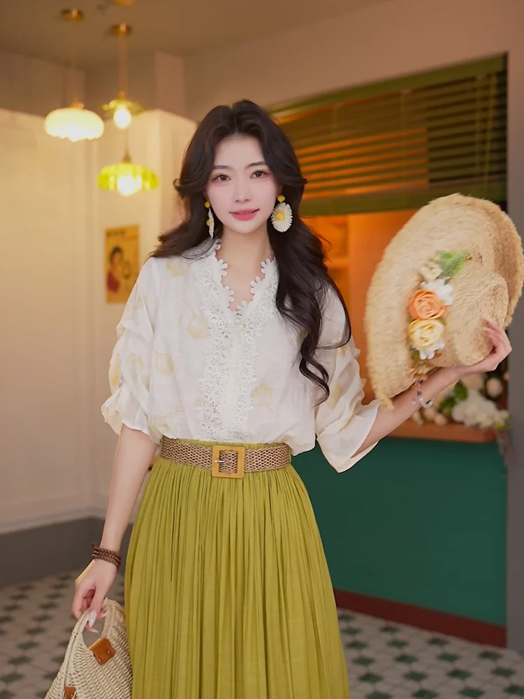 

Уникальный кружевной женский летний топ V-Ne ort Sve irt Ele Beautiful Chend's Brand Loose Fit из смеси полиэстера