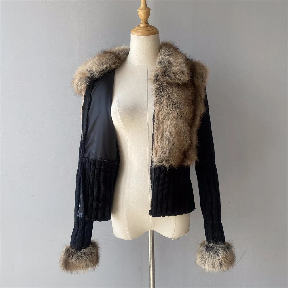 2025Fall Winter New  Women's Spliced Fake Fox Plush Knitted Cardigan Fashion V-neck Full Sleeves Zipper Sweater Female