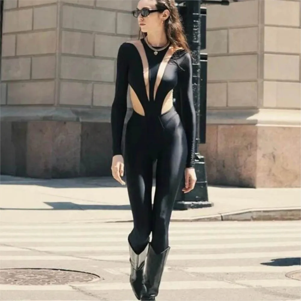 Farbe Block Nähte Lange Overall Enge Hohe Elastische Frühling Sommer frauen Casual Rundhals Langarm Overall Ropa Mujer