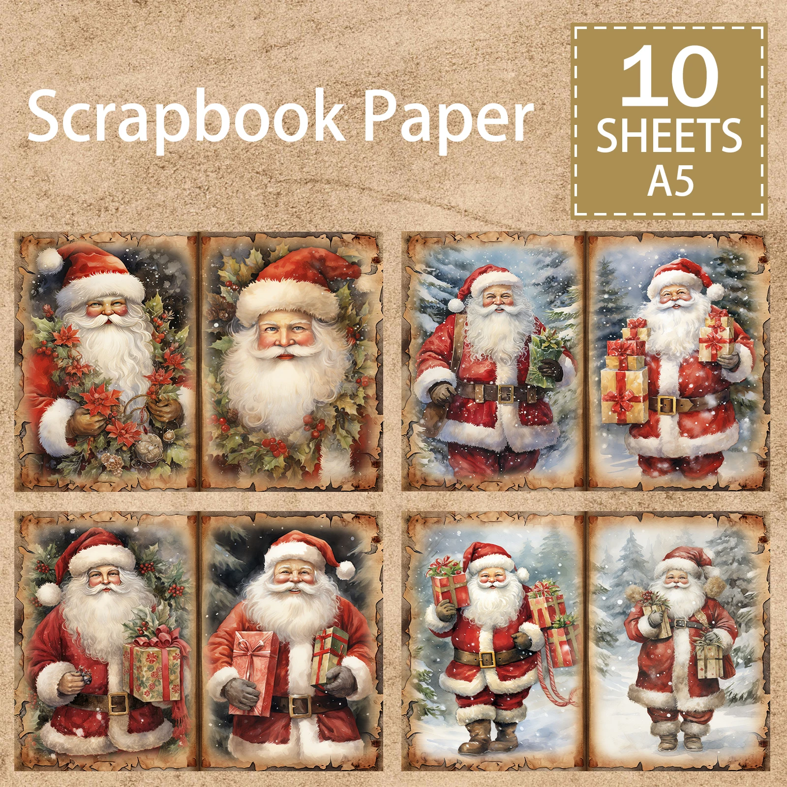 10 Sheets A5 Size Vintage Christmas Santa Claus And Gifts Background Vintage Grunge Journal Planning Scrapbooking