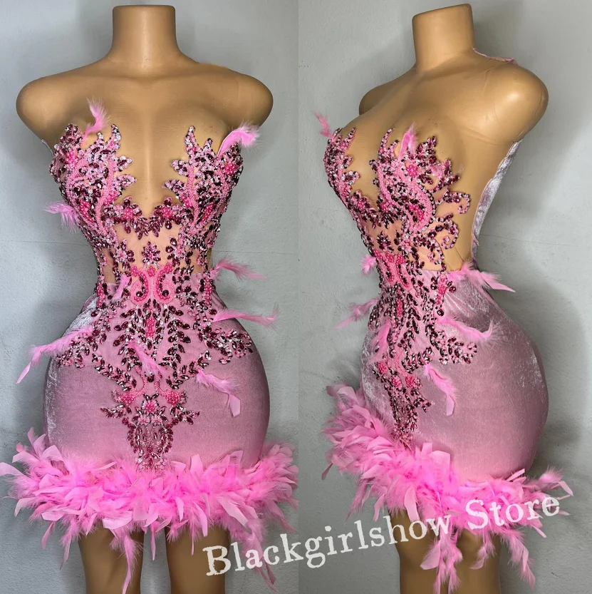 Peach Pink Short Homecoming Prom Dress 2024 Luxurious Sexy Crystal Beads Feather Black Girl Birthday Party Robes de Soirée