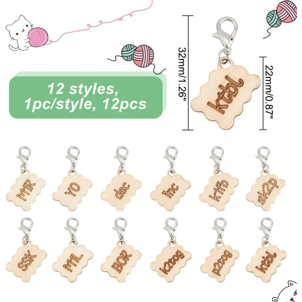 12 Pcs 12 Styles Wood Rectangle Stitch Markers Wooden Letters Crochet Stitch Marker Locking Stitch Marker with Lobster Clasp